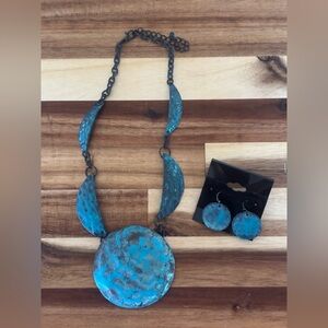 Handcrafted Patina Metal Necklace & Earrings Set – Turquoise Blue Boho Statement